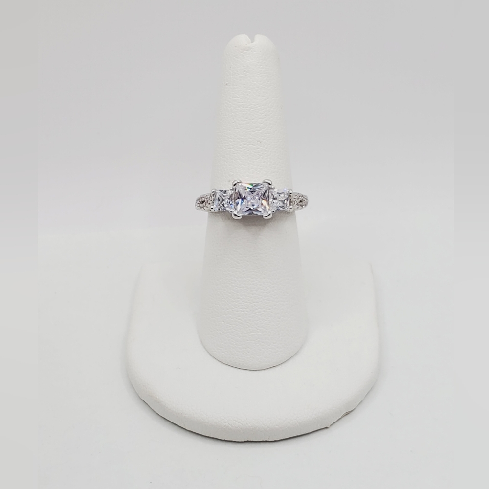 Past Present Future Princess Cut Diamond Simulant Three Stone Silver Tone Ring - Picture 7 of 7